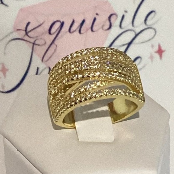 💛18k Gold Wide Band Micro Pave Cz Diamond Crisscross stacked Diamond Ring - Picture 1 of 16